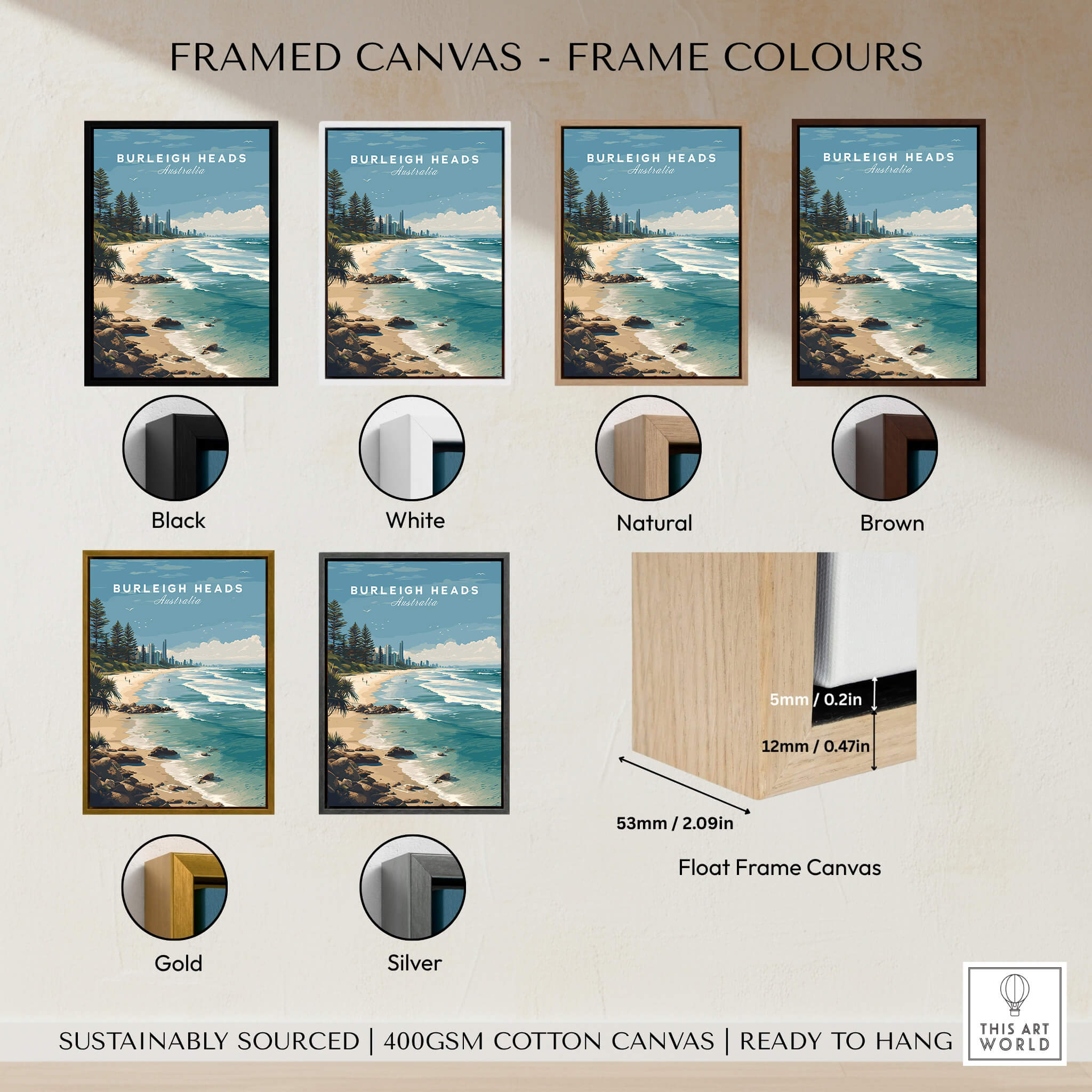 Burleigh Heads Australia Poster – Gold Coast Skyline & Iconic Surf Beach Wall Art framed canvas options in various colors.