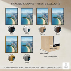 Framed Busan beach skyline wall art in six frame colors: black, white, natural, brown, gold, silver.