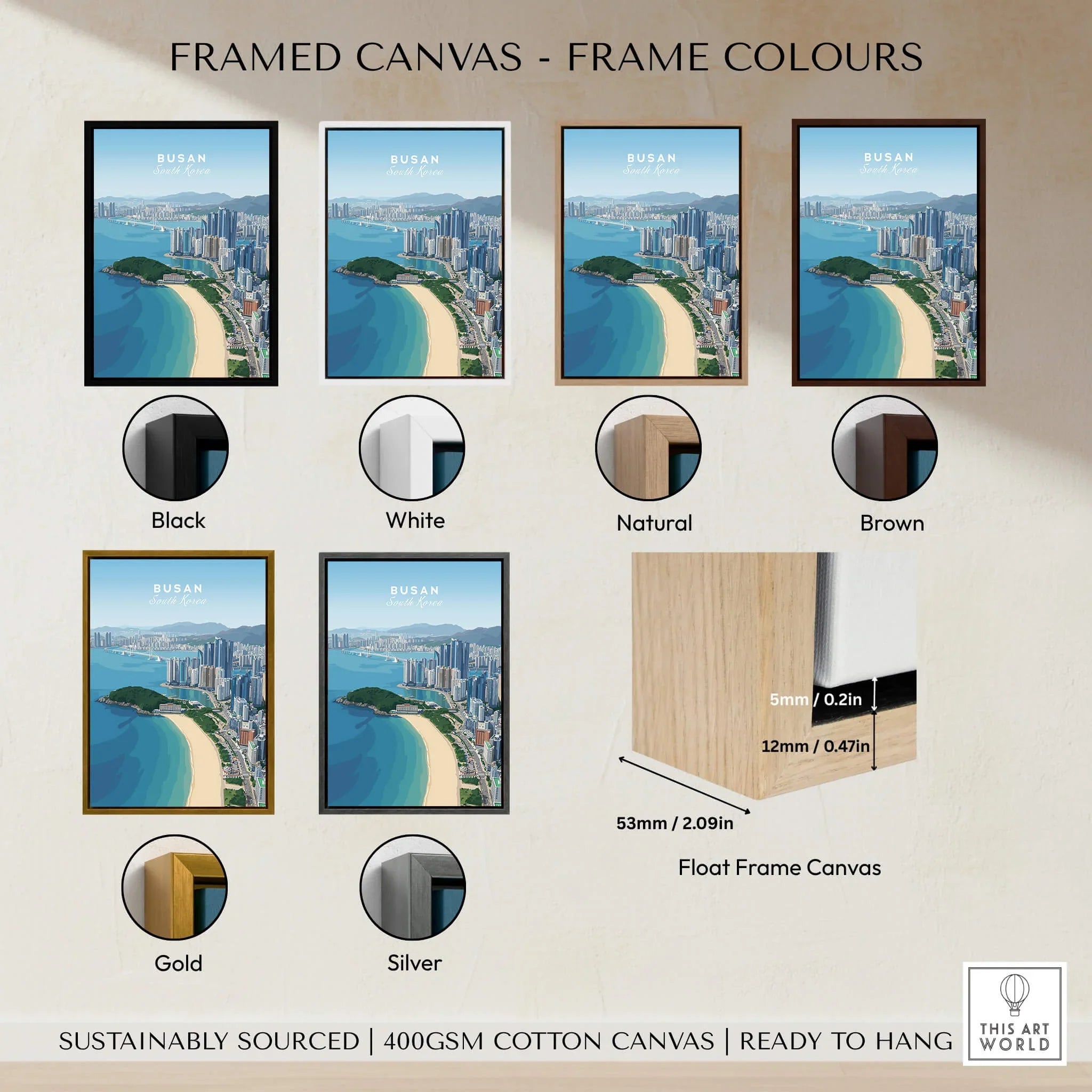 Framed Busan beach skyline wall art in six frame colors: black, white, natural, brown, gold, silver.