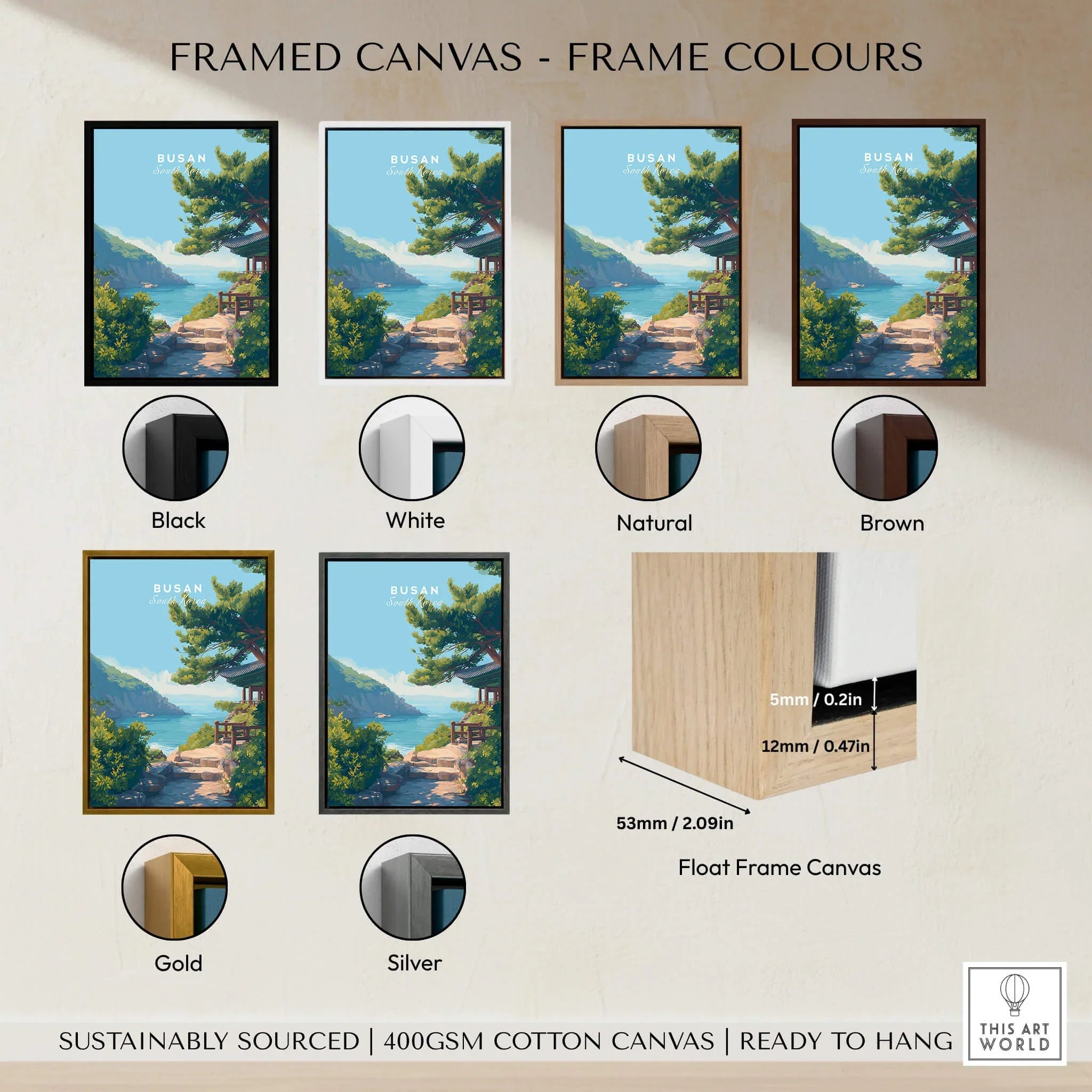 Framed Busan wall art print with six frame color options: black, white, natural, brown, gold, silver.