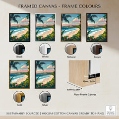 Byron Bay Australia Travel Poster framed canvas options in various colors including black, white, natural, brown, gold, and silver.