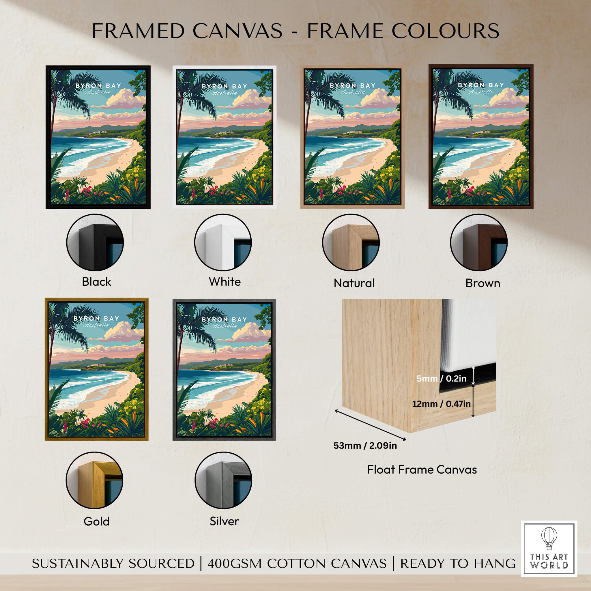 Byron Bay Australia Travel Poster framed canvas options in various colors including black, white, natural, brown, gold, and silver.