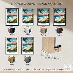 Byron Bay Poster - Australia Wall Art framed canvas options in various colors including black, white, natural, brown, gold, and silver.