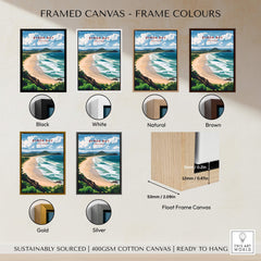 Byron Bay Beach Print - Australia Wall Art framed canvas options in various colors including black, white, natural, brown, gold, and silver.