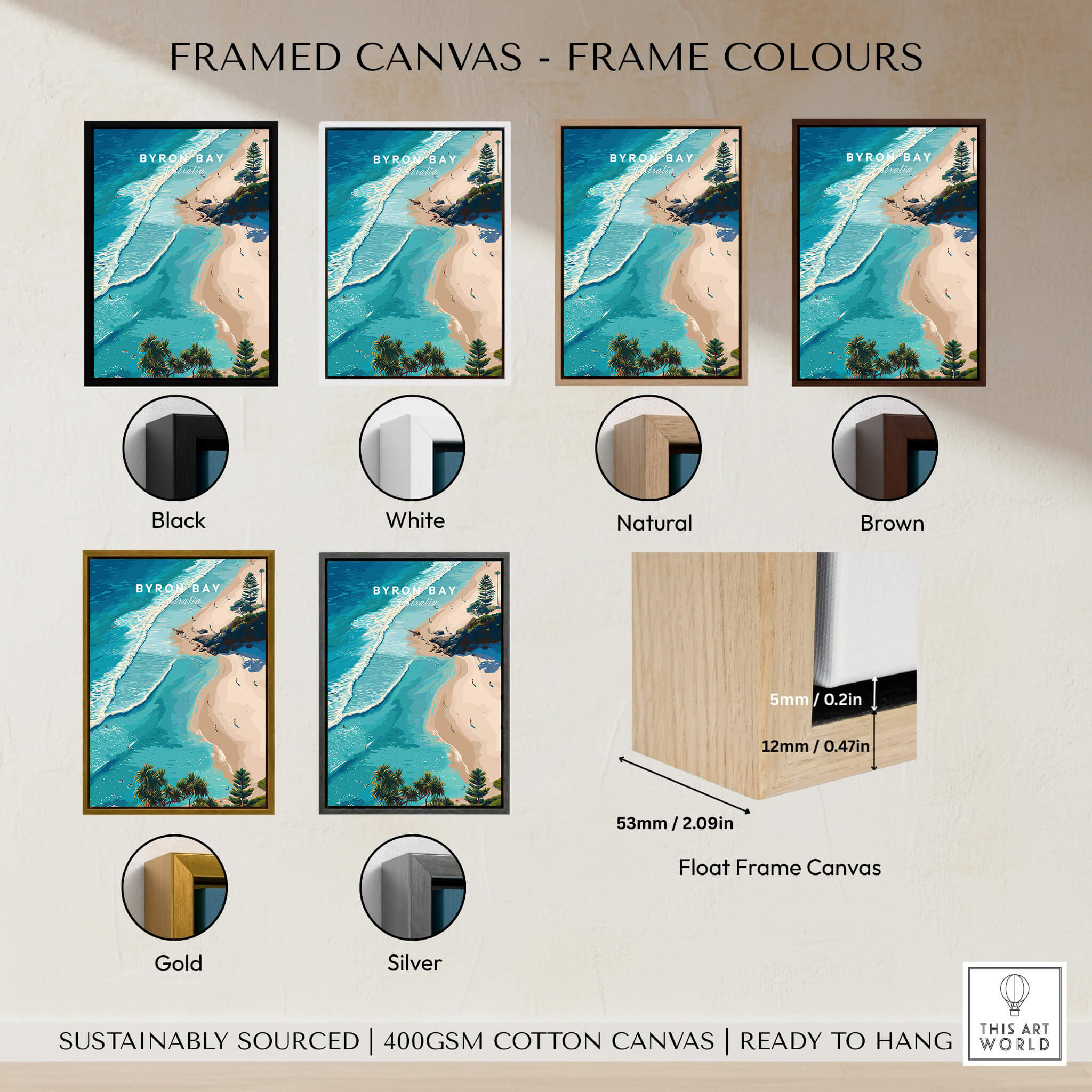 Byron Bay Art Print displayed in various frame colors including black, white, natural, brown, gold, and silver.