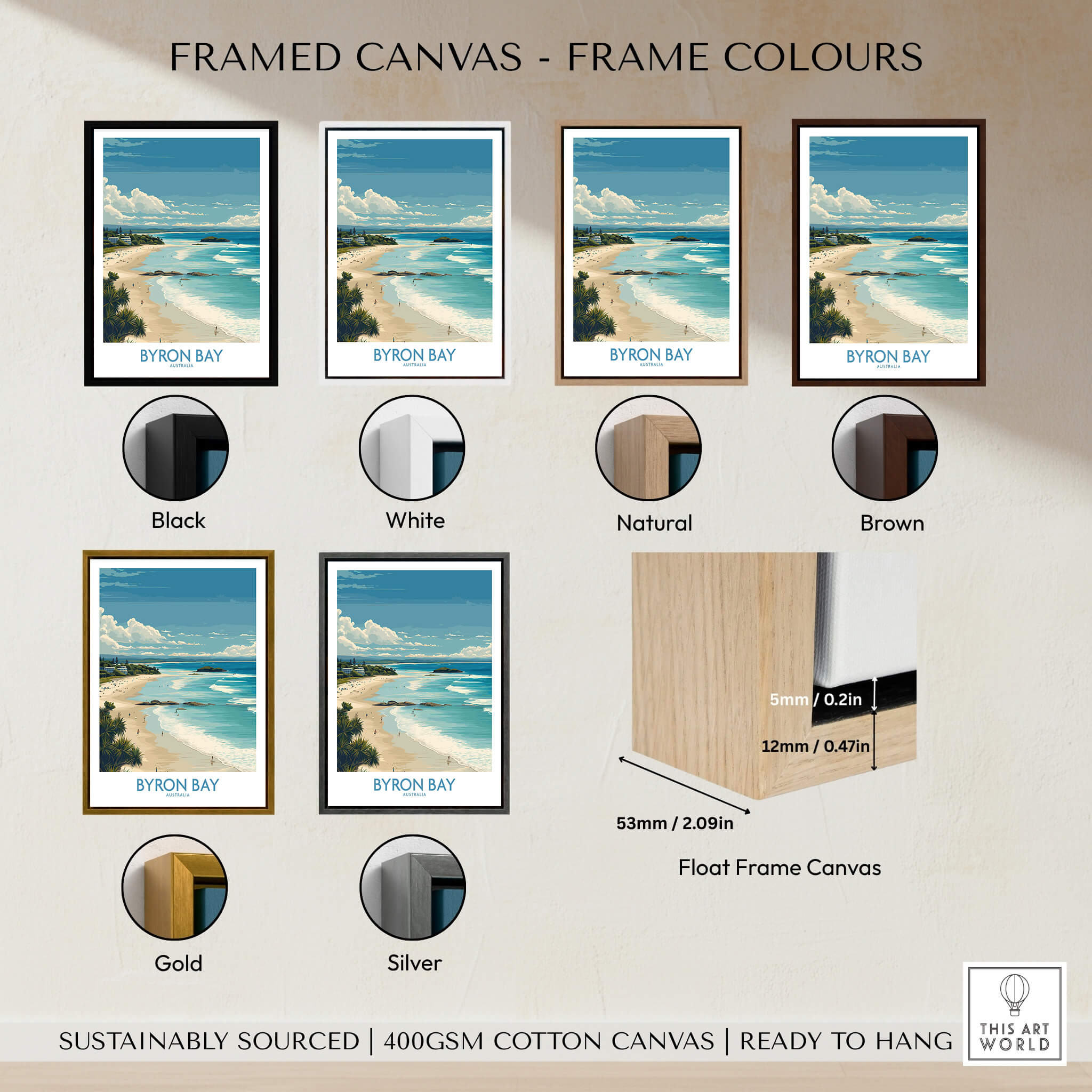 Byron Bay Wall Art Australia Travel Print framed canvas color options including Black, White, Natural, Brown, Gold, and Silver.
