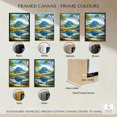 Framed canvas wall art with Cadair Idris mountain, shown in black, white, brown, natural, gold, and silver frames.