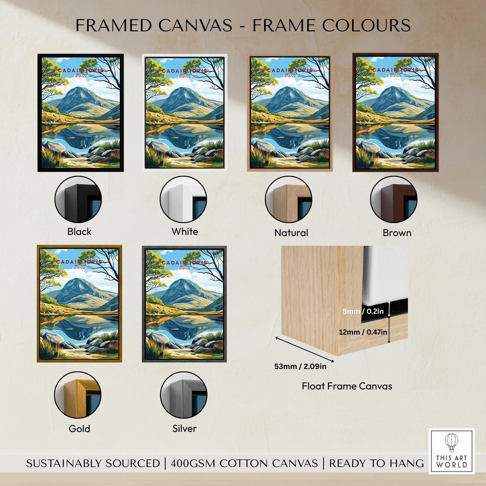 Framed canvas wall art with Cadair Idris mountain, shown in black, white, brown, natural, gold, and silver frames.