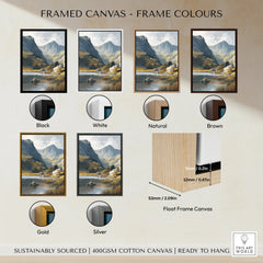 Framed landscape canvas wall art with six frame color options: black, white, natural, brown, gold, silver.