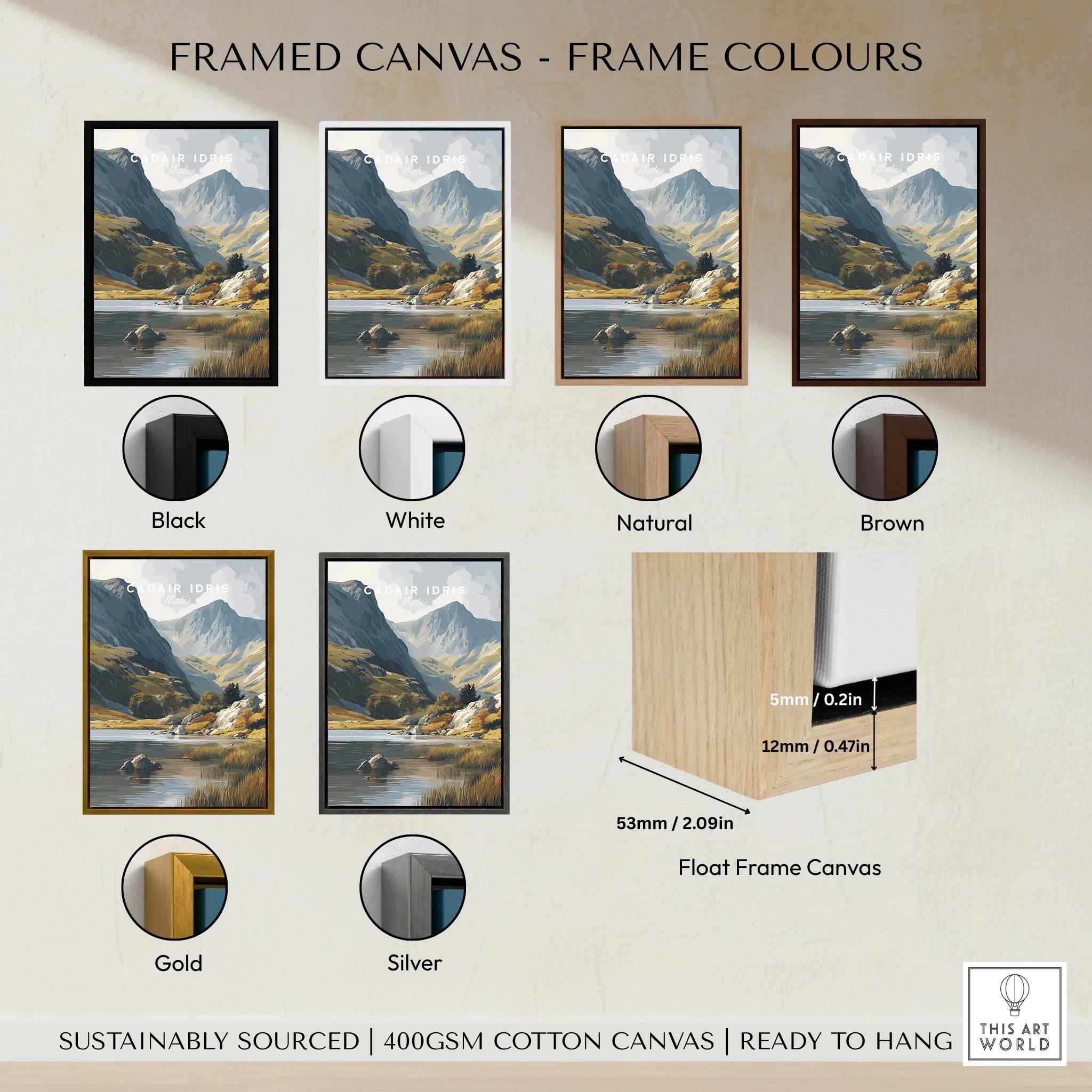 Framed landscape canvas wall art with six frame color options: black, white, natural, brown, gold, silver.