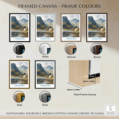 Framed canvas print options showing Cadair Idris mountain art in black, white, natural, brown, gold, and silver float frames.