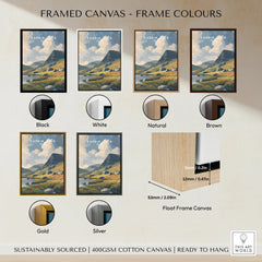 Framed canvas wall art of mountain landscape with six frame color options: black, white, natural, brown, gold, silver.