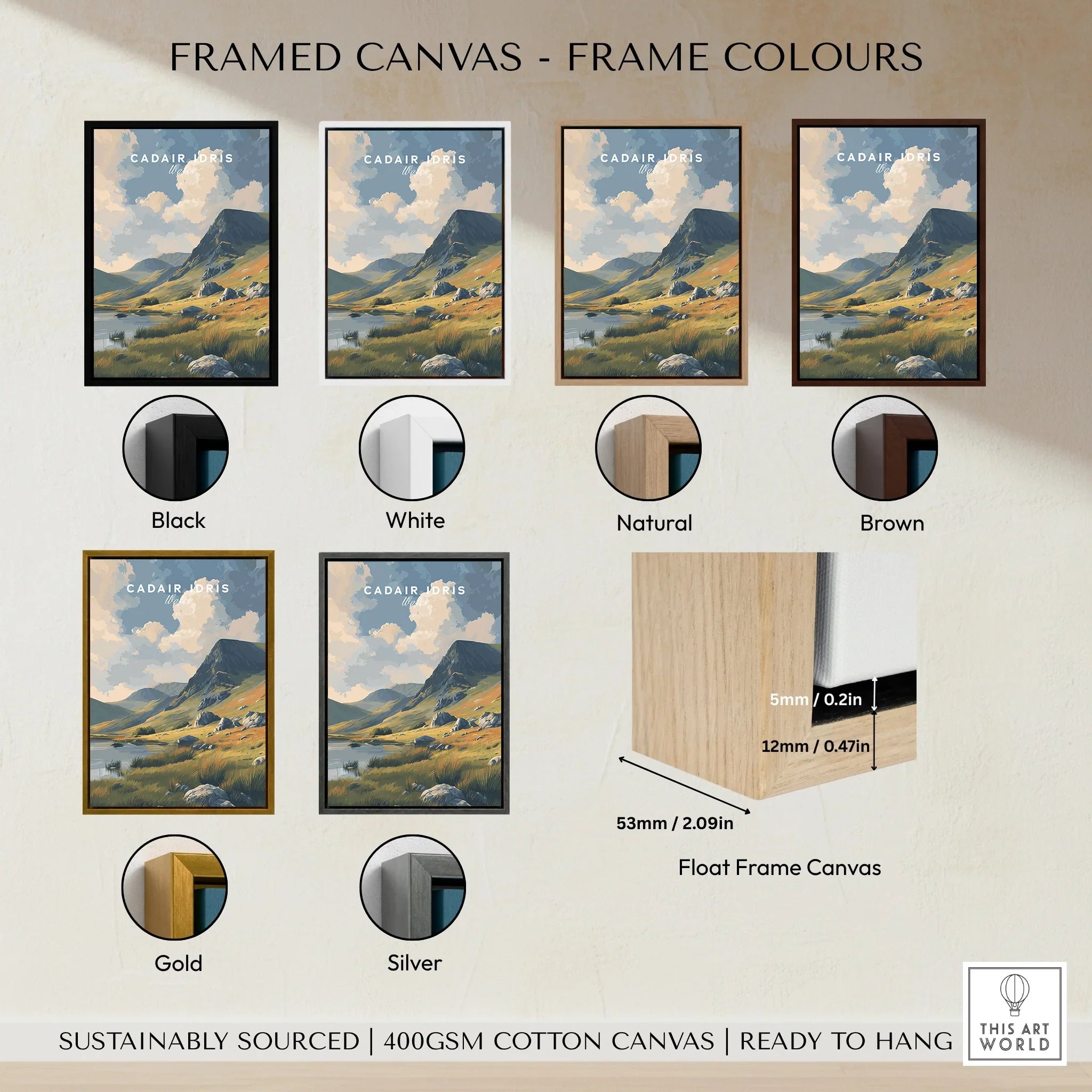 Framed canvas wall art of mountain landscape with six frame color options: black, white, natural, brown, gold, silver.
