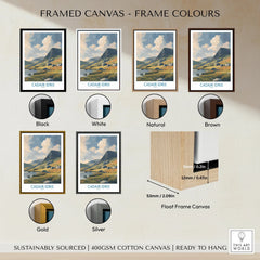 Framed Cadair Idris travel poster print with six frame color options: black, white, natural, brown, gold, and silver, plus a float frame canvas close-up.