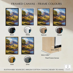 Framed canvas wall art of Cadair Idris mountain with six frame color options and float frame detail.