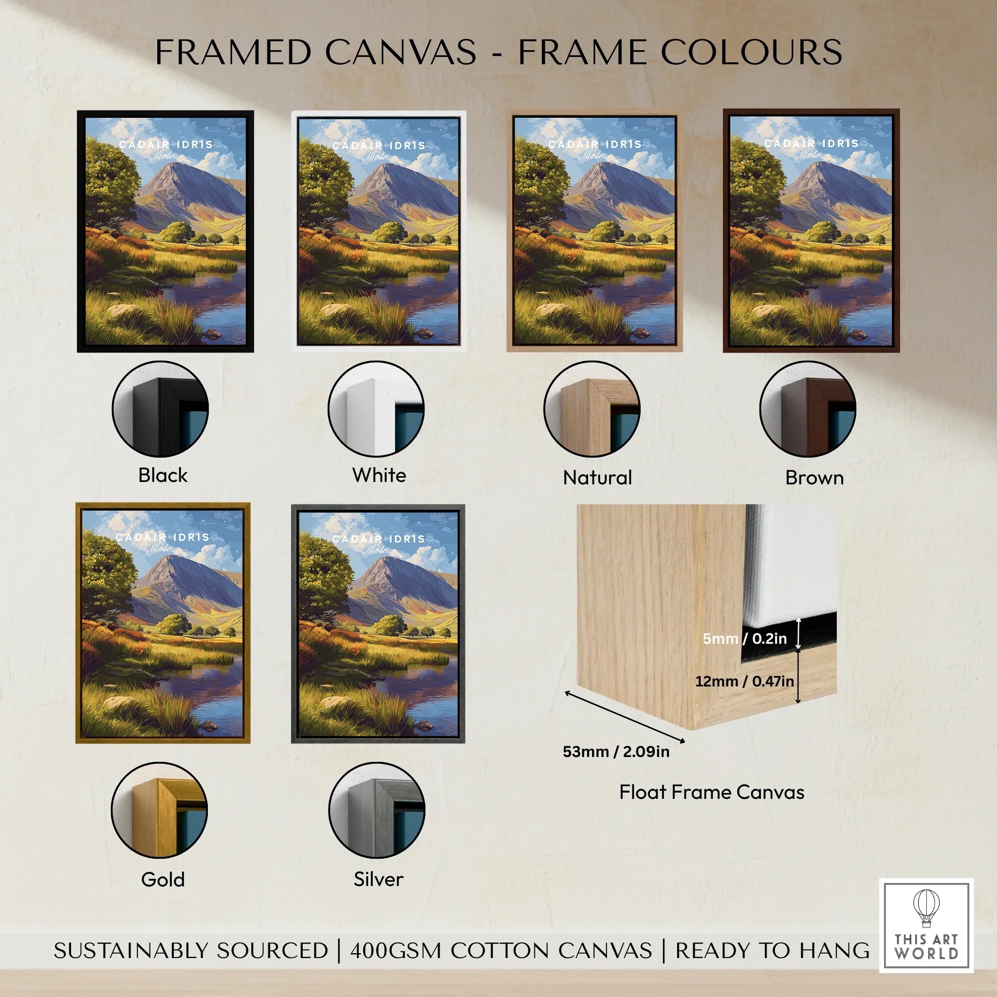 Framed canvas wall art of Cadair Idris mountain with six frame color options and float frame detail.