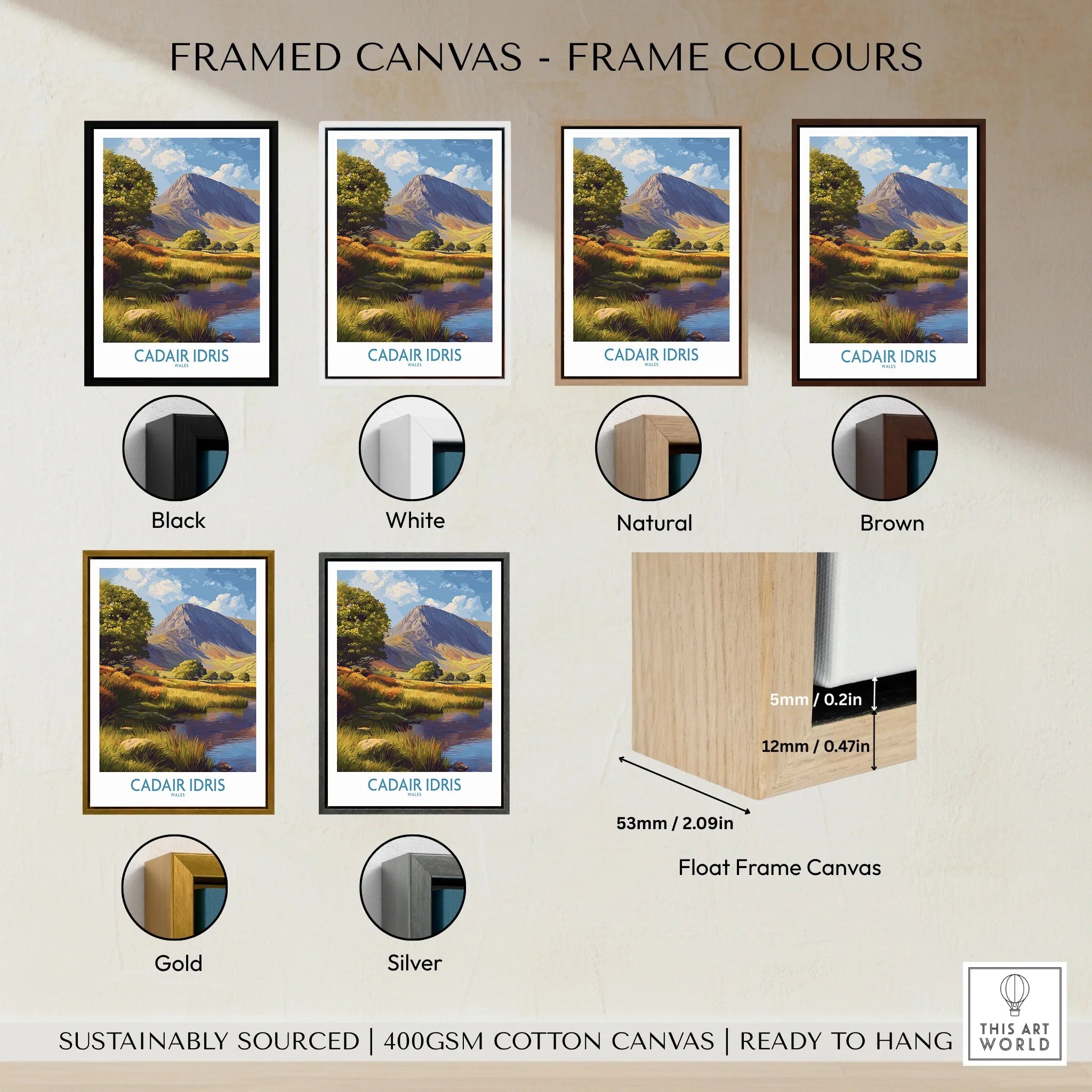 Framed canvas wall art of Cadair Idris mountain with six frame colour options: black, white, natural, brown, gold, silver.