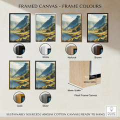 Framed canvas wall art of Cadair Idris mountain with six frame color options: black, white, natural, brown, gold, silver.