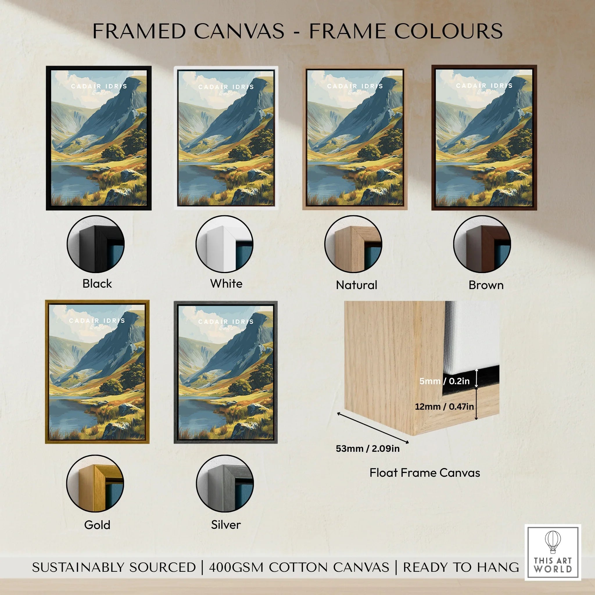 Framed canvas wall art of Cadair Idris mountain with six frame color options: black, white, natural, brown, gold, silver.