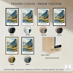 Framed canvas Cadair Idris mountain art print with six frame color options shown: black, white, natural, brown, gold, and silver.