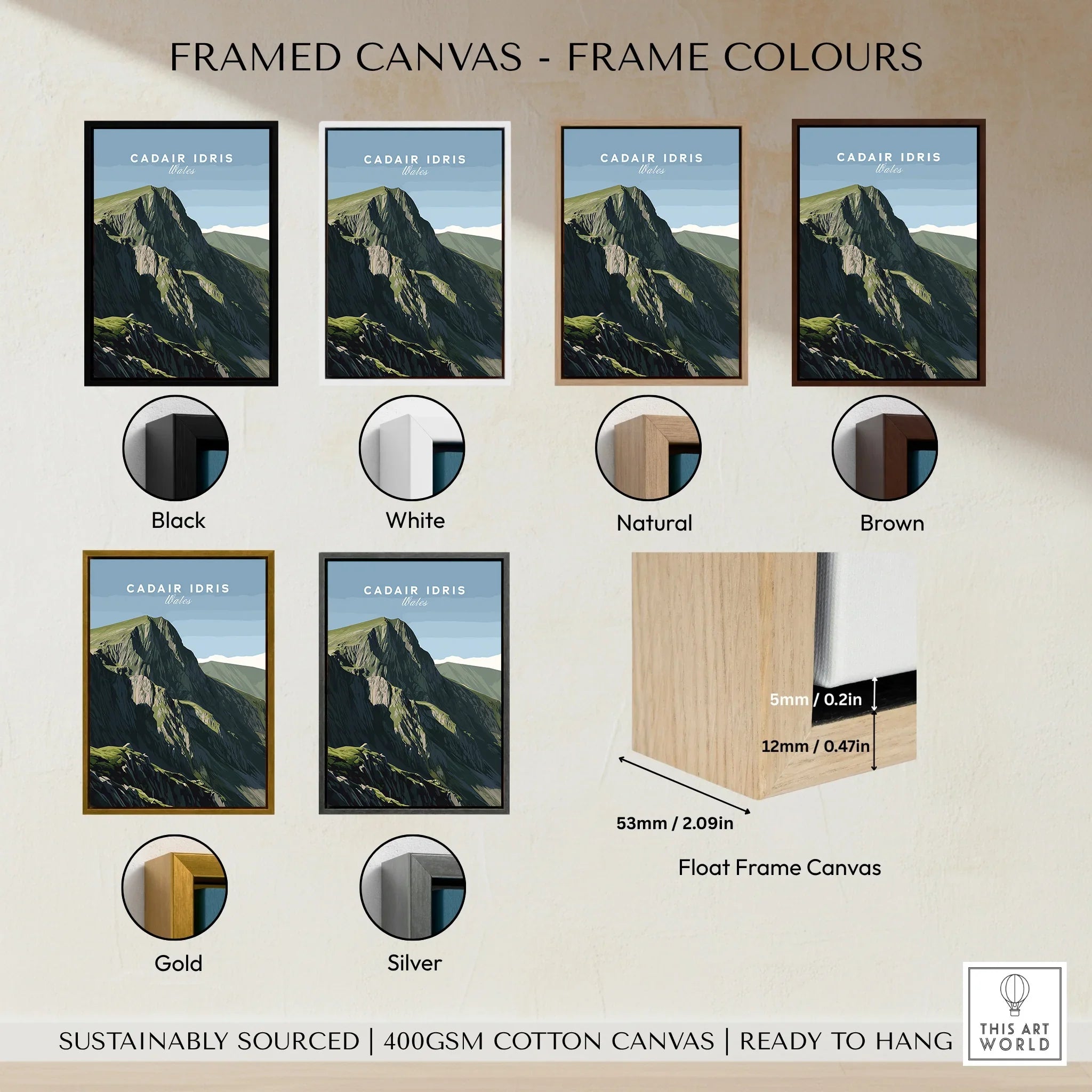 Framed canvas wall art of Cadair Idris mountain, shown in black, white, natural, brown, gold, and silver float frame options.