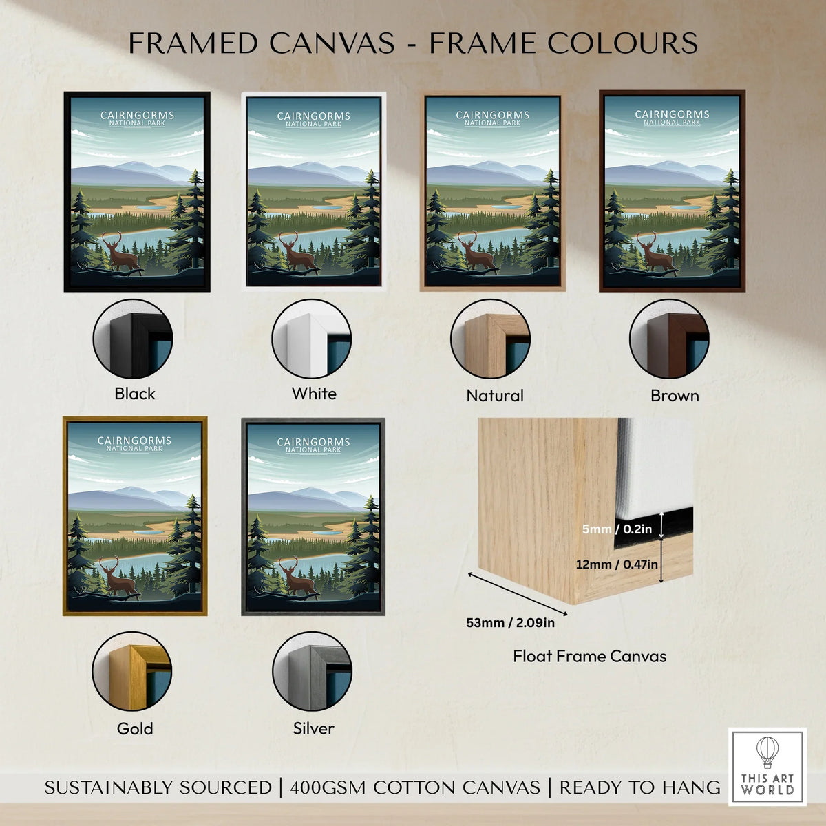 Cairngorms National Park travel poster print in six frame colors: black, white, natural, brown, gold, silver.
