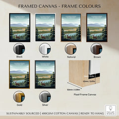 Cairngorms National Park travel poster print in six frame colors: black, white, natural, brown, gold, silver.