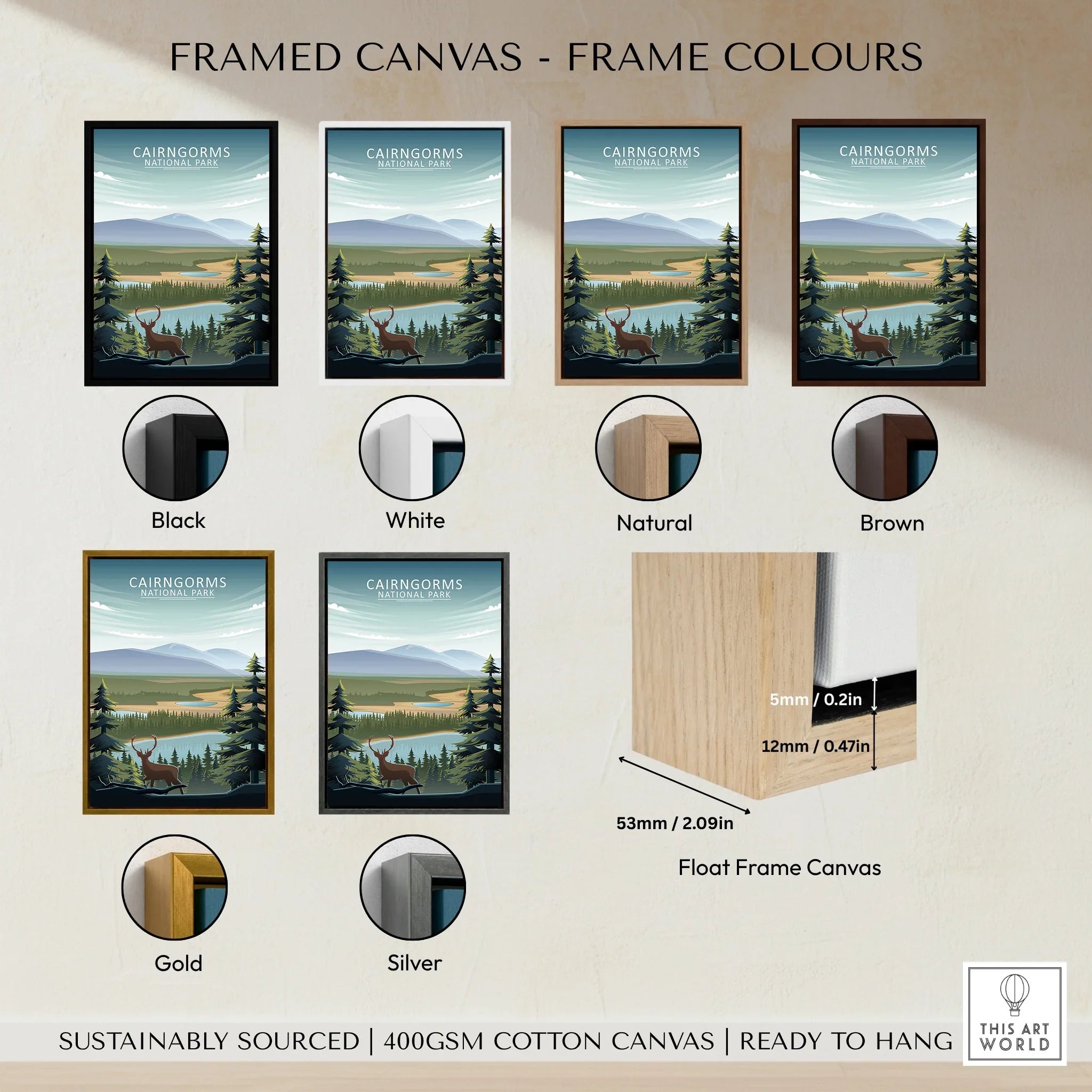 Cairngorms National Park travel poster print in six frame colors: black, white, natural, brown, gold, silver.