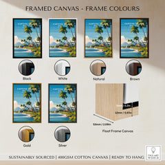 Captiva Island Travel Poster – Florida Beach Houses and Palm Trees Art displayed in various frame colors.