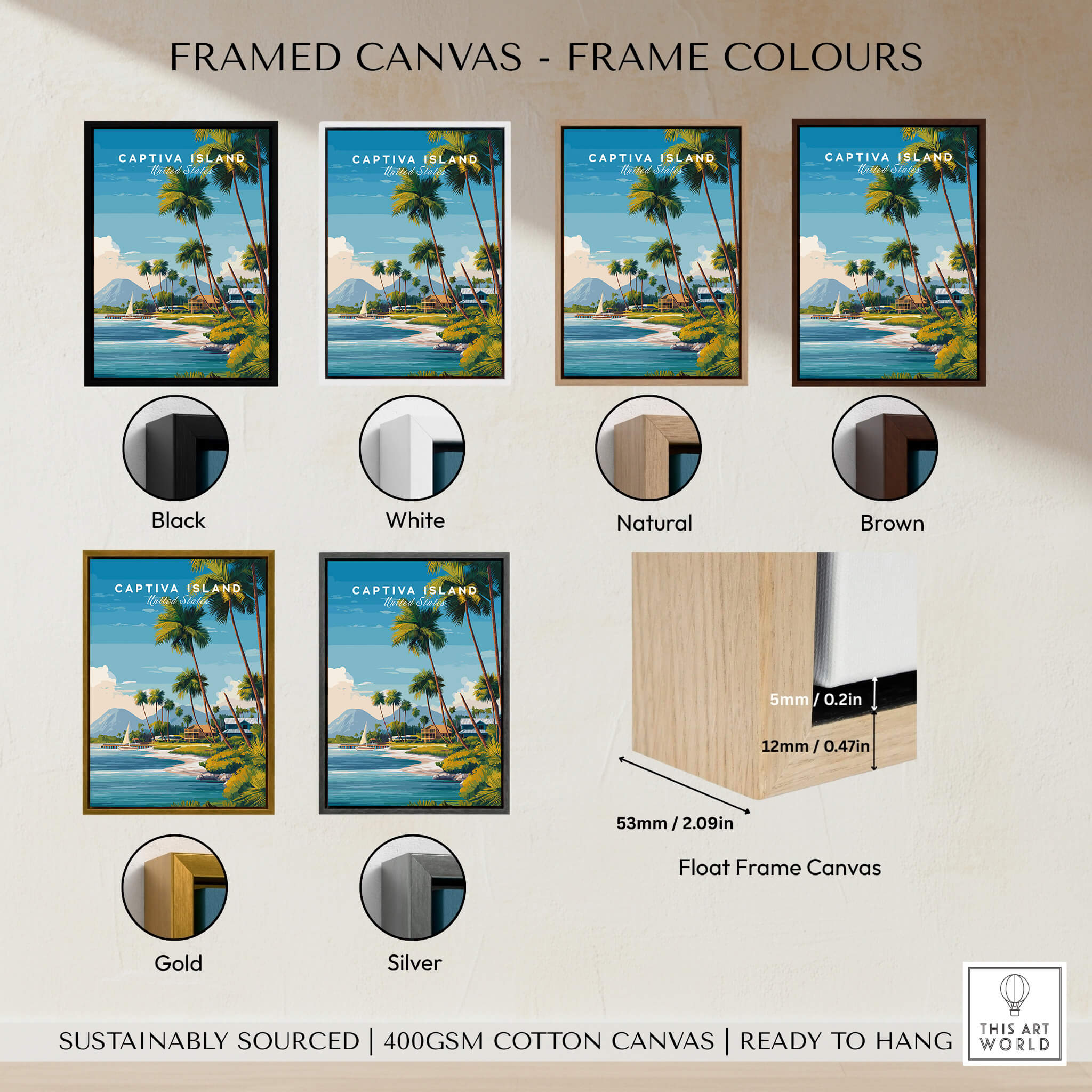 Captiva Island Travel Poster – Florida Beach Houses and Palm Trees Art displayed in various frame colors.