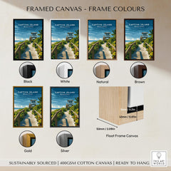 Captiva Island Poster – Florida Beach Print framed canvas colors including Black, White, Natural, Brown, Gold, and Silver.