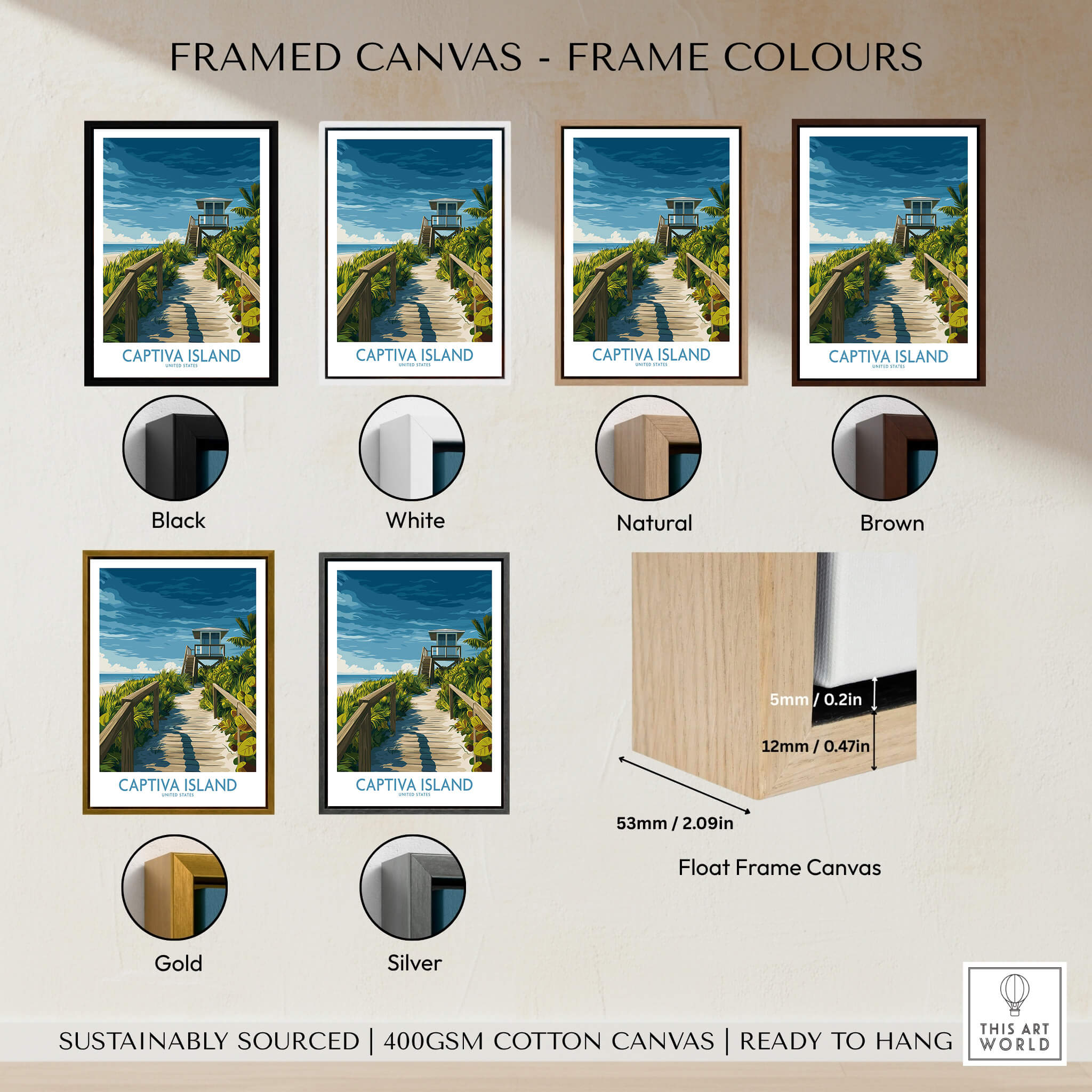 Captiva Island Florida Wall Art – Tropical Art framed canvas options in various colors.