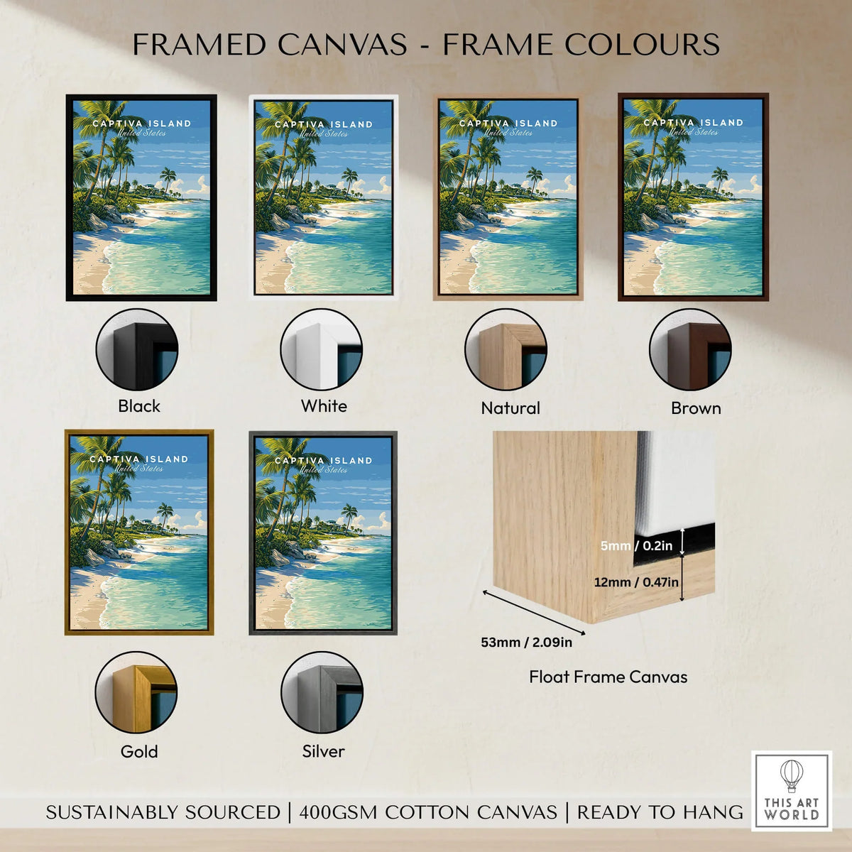 Captiva Island Travel Poster – White Sand Beach and Turquoise Water Art framed canvas options in various colors.