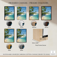 Captiva Island Travel Poster – White Sand Beach and Turquoise Water Art framed canvas options in various colors.