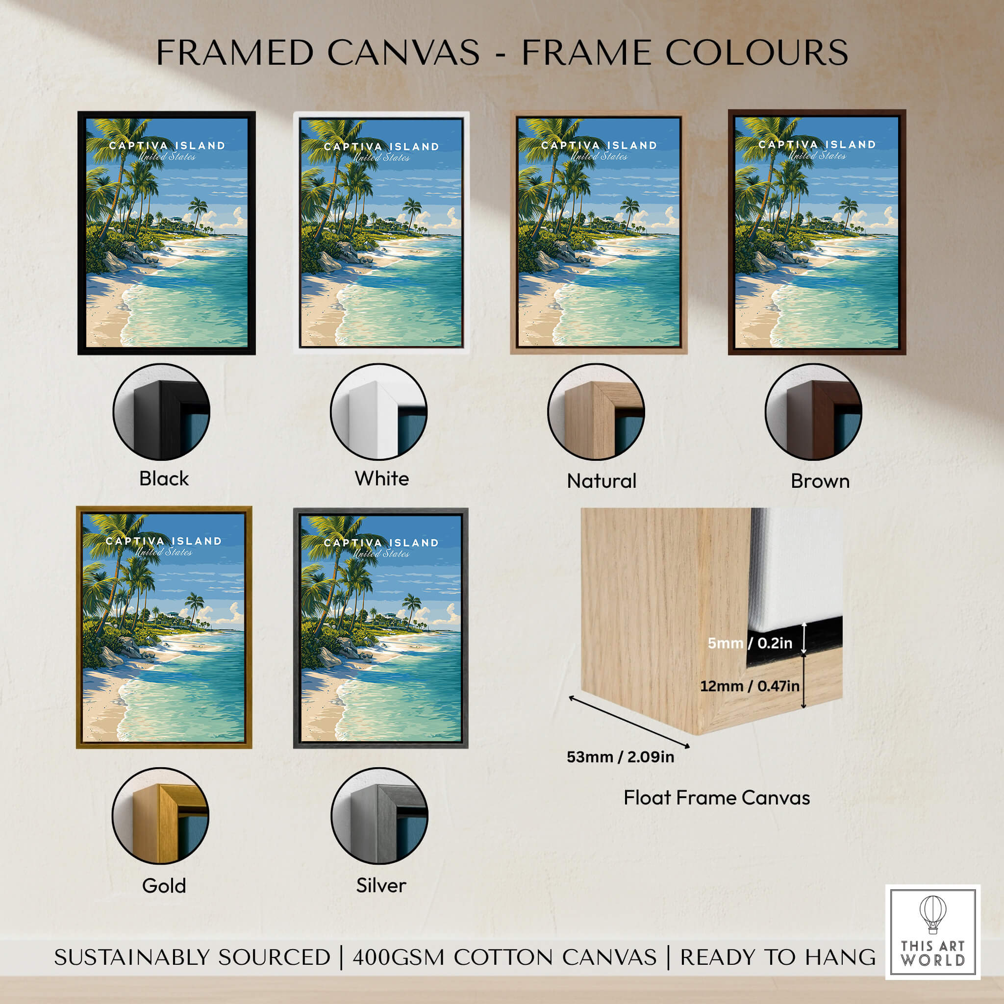 Captiva Island Travel Poster – White Sand Beach and Turquoise Water Art framed canvas options in various colors.