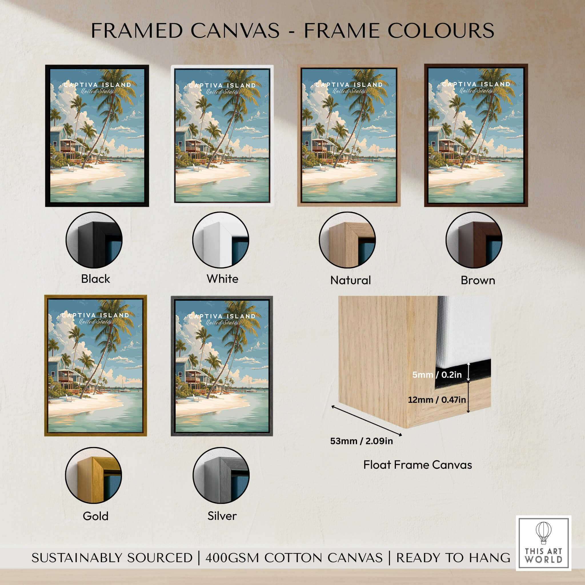 Captiva Island Florida Print – Coastal Palm Tree Art framed canvas options in various colors.