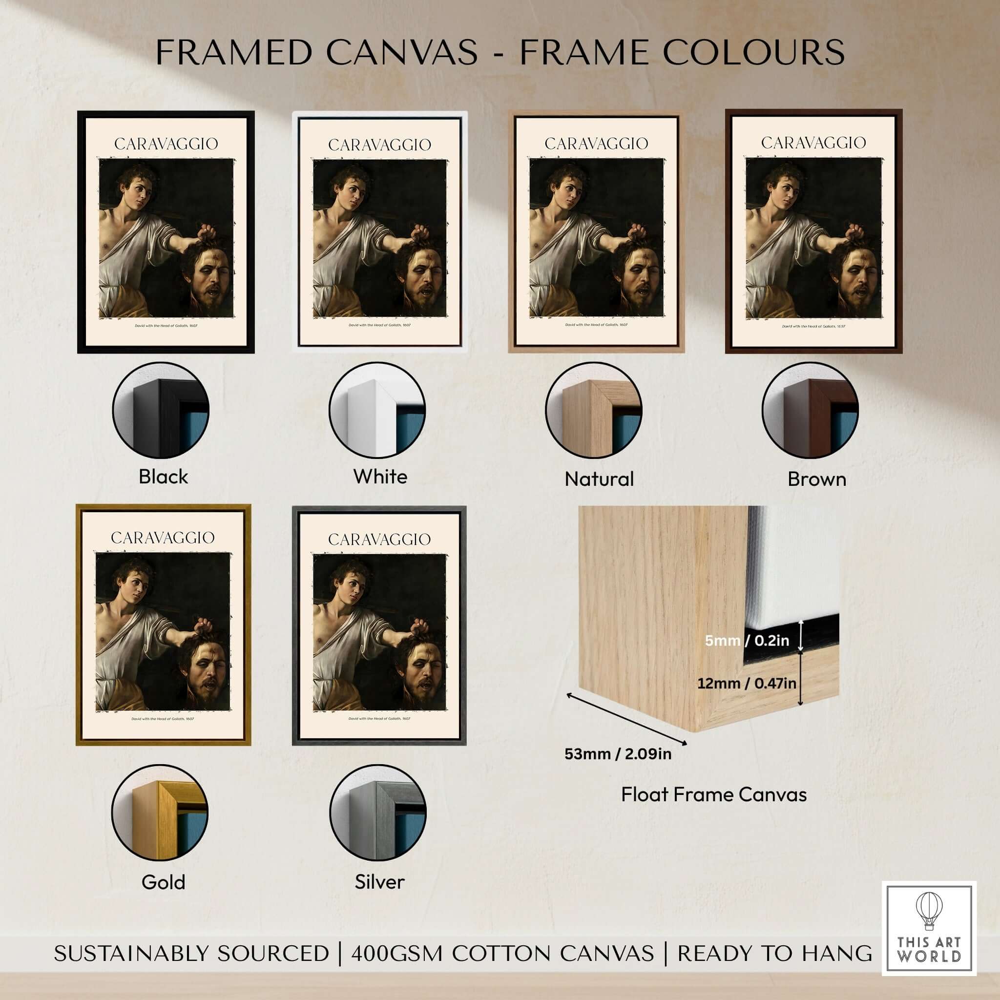 Framed canvas options for Caravaggio Art Print - David with the Head of Goliath Poster 1607 in various colors.