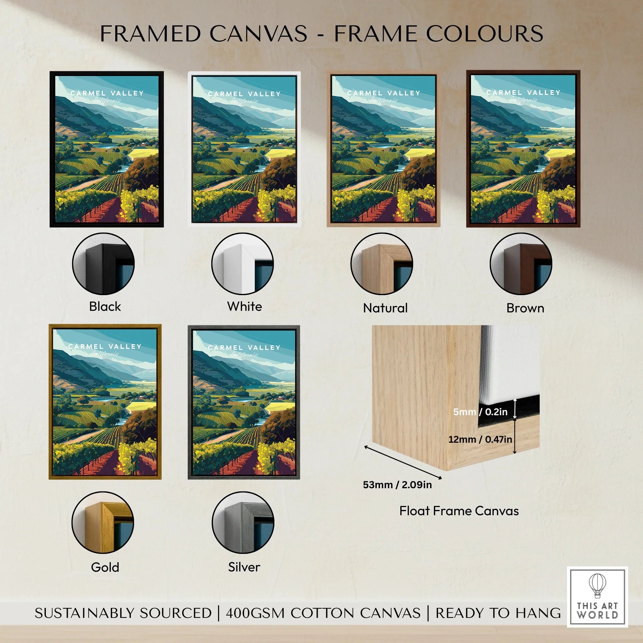 Carmel Valley landscape canvas print with black, white, natural, brown, gold, and silver frame options.