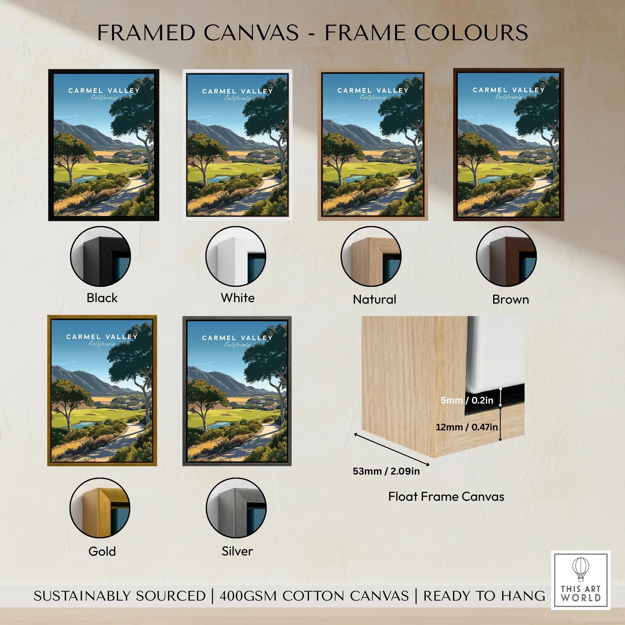 Carmel Valley framed canvas wall art in six frame color options: black, white, natural, brown, gold, and silver, with float frame canvas detail.