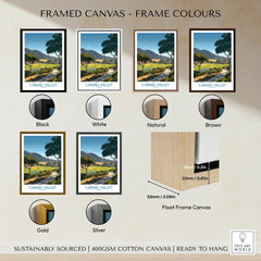 Framed Carmel Valley travel art print with six frame color options: black, white, natural, brown, gold, silver.