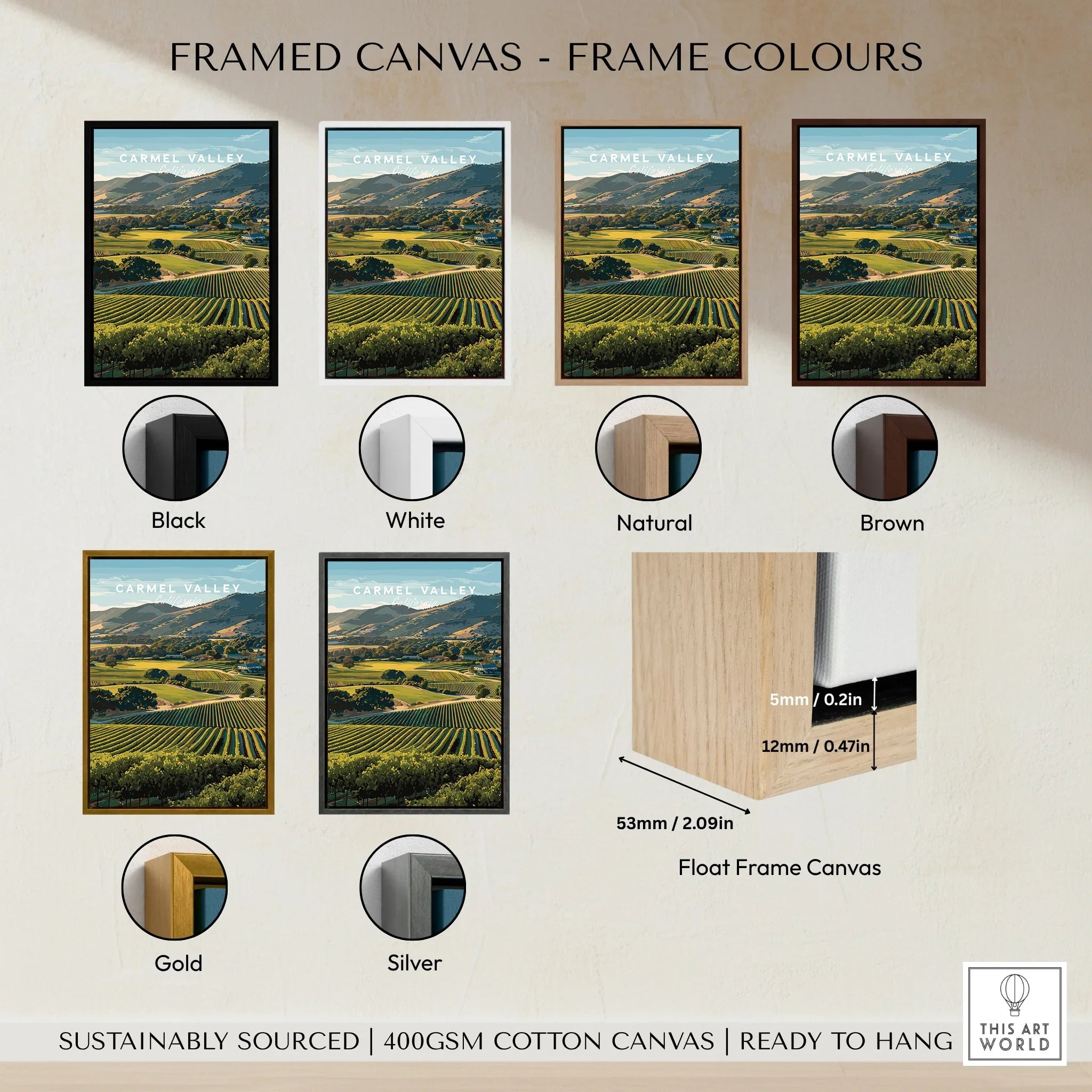 Carmel Valley landscape art print in six frame color options: black, white, natural, brown, gold, silver.