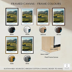 Carmel Valley wall art print with mountain landscape, shown in six frame color options: black, white, natural, brown, gold, and silver, with float frame canvas detail.