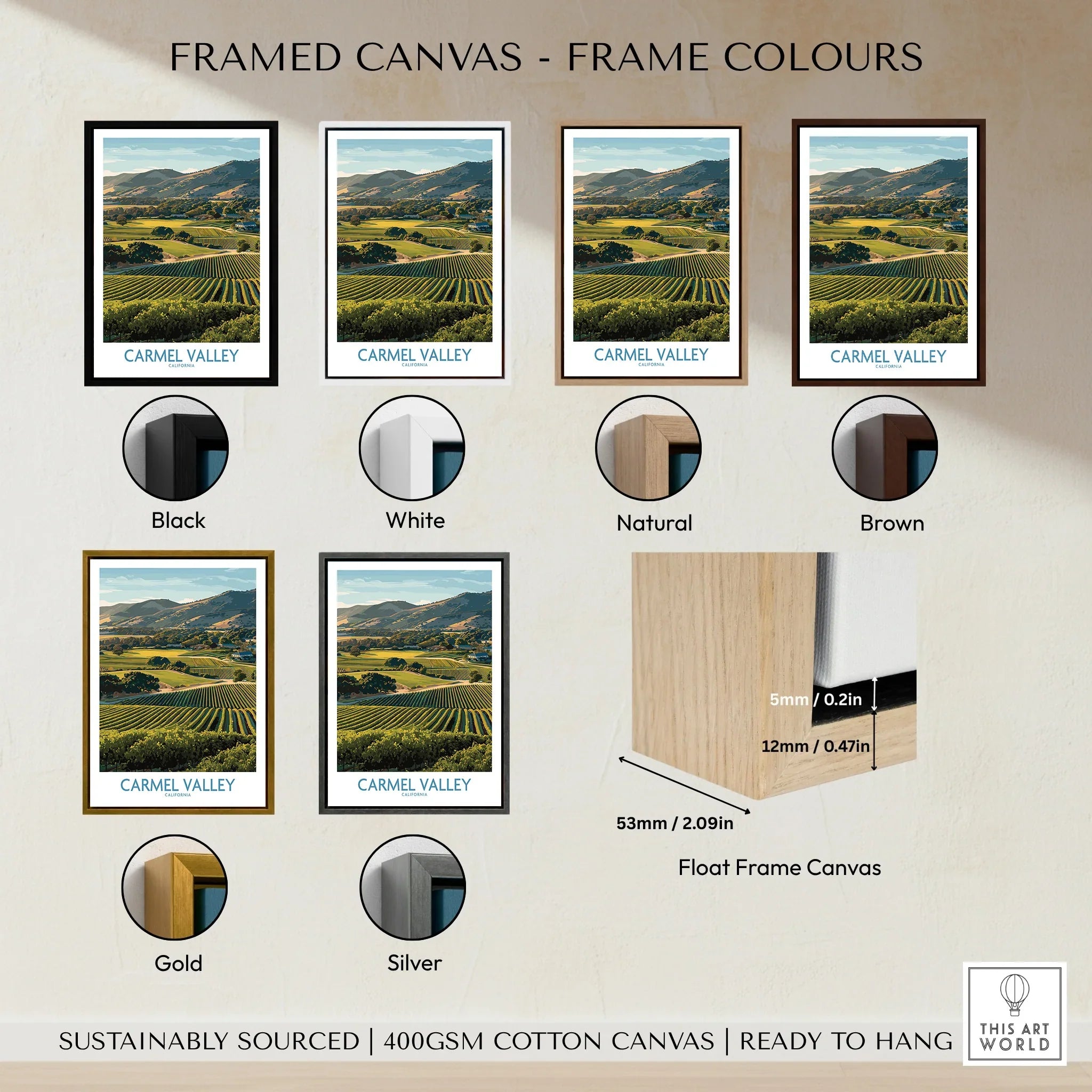 Carmel Valley wall art print with mountain landscape, shown in six frame color options: black, white, natural, brown, gold, and silver, with float frame canvas detail.