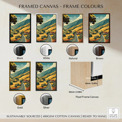 Travel poster of Carmel Valley with six framed canvas color options: black, white, natural, brown, gold, silver, and float frame style.