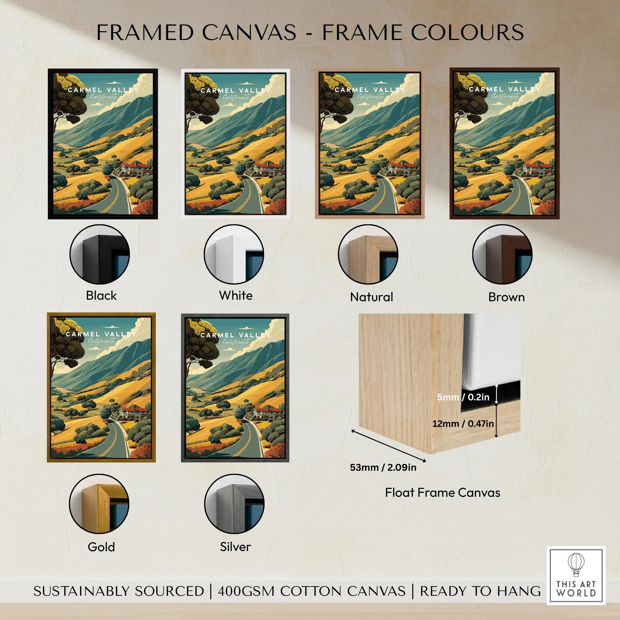 Travel poster of Carmel Valley with six framed canvas color options: black, white, natural, brown, gold, silver, and float frame style.
