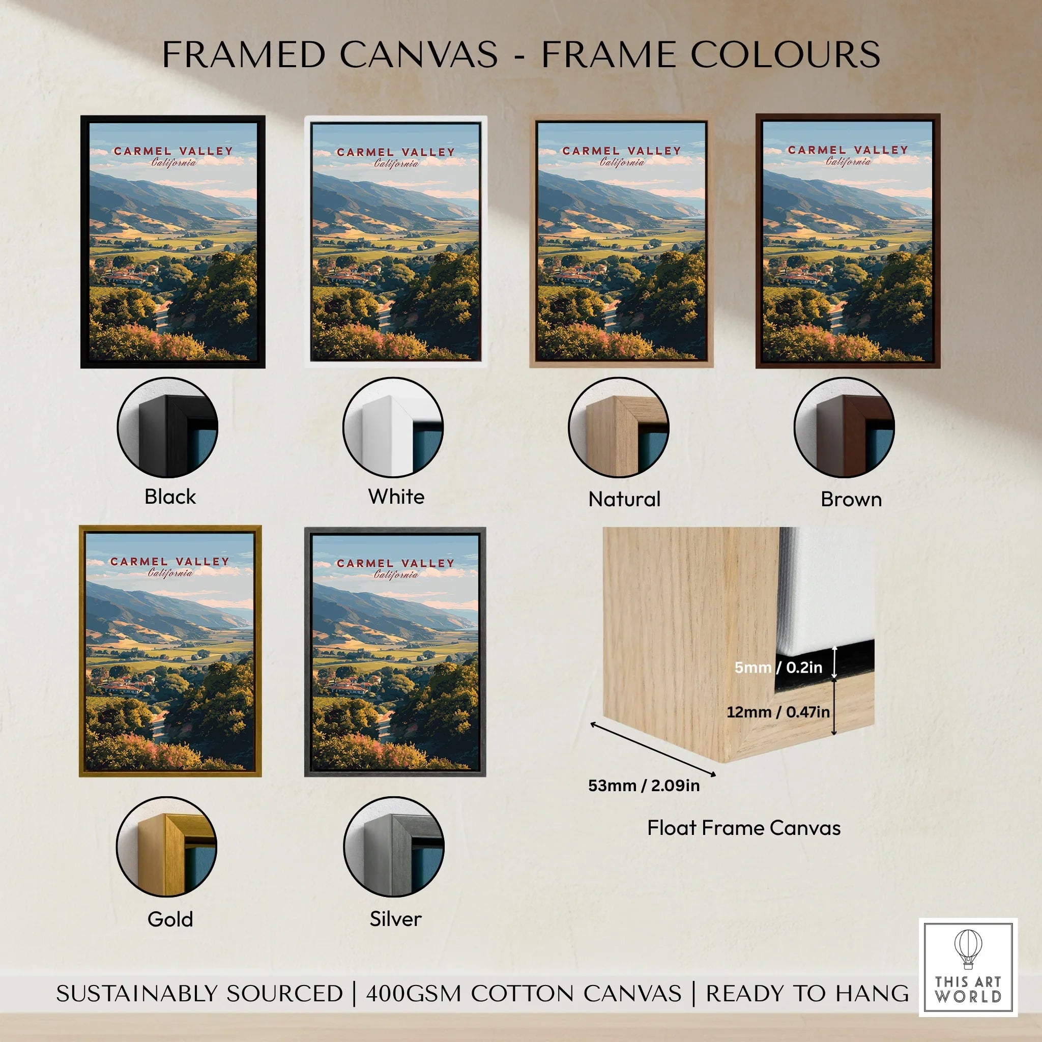 Carmel Valley California wall art print shown in black, white, natural, brown, gold, and silver float frame canvas options.