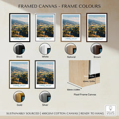 Carmel Valley travel poster wall art in various frame color options including black, white, natural wood, brown, gold, and silver, displayed on cotton canvas.
