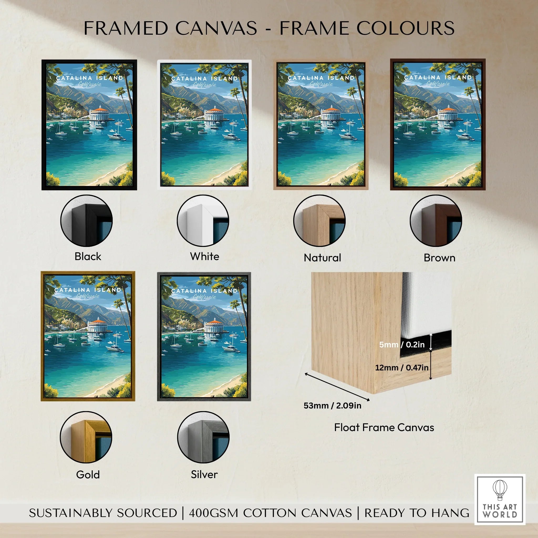 Catalina Island travel art print in float frame canvas, displayed in six frame color options.