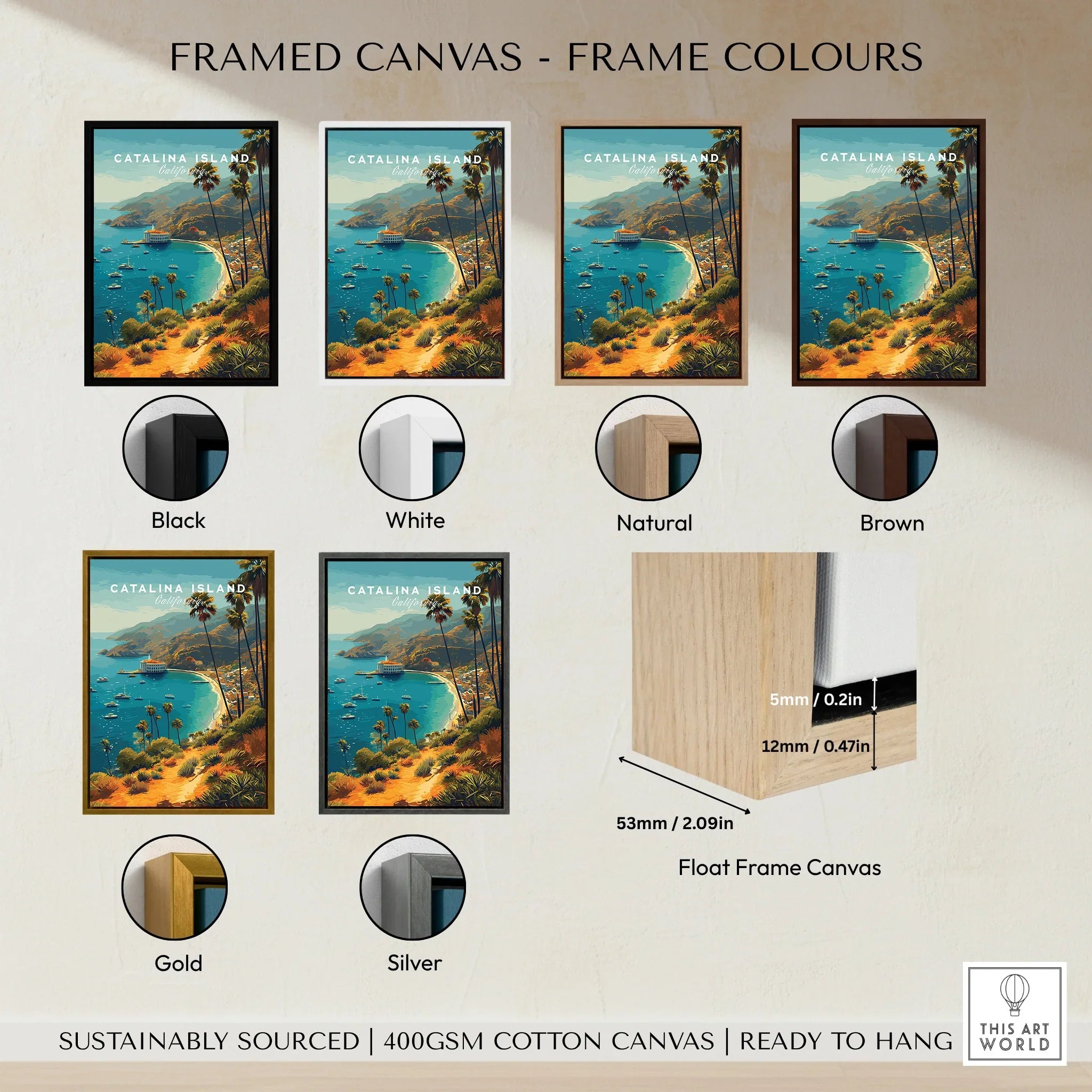 Catalina Island travel poster wall art in six frame colors: black, white, natural, brown, gold, silver.