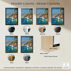 Catalina Island California travel poster wall art in six frame color options: black, white, natural, brown, gold, silver.